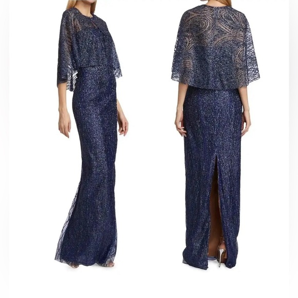 NEW!$1’270! Marchesa Notte Embellished Sequin Column Gown CapeNavy Strapless Sz4 - Picture 1 of 10